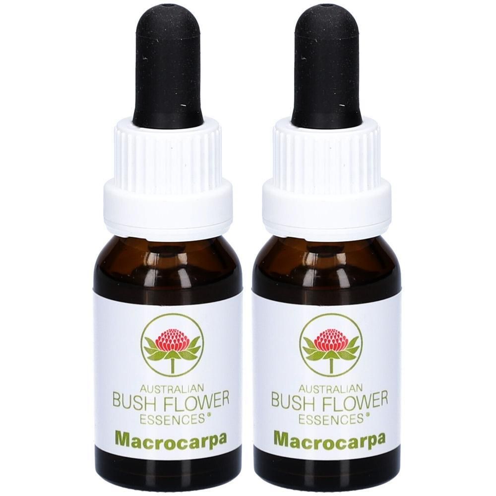 Zwei Fläschchen mit Pipettenverschluss, braunes Glas, Etikett mit "Australian Bush Flower Essences Macrocarpa".