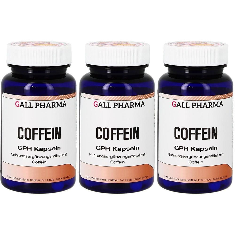 Drei Flaschen GPH Koffein Kapseln von Gall Pharma.