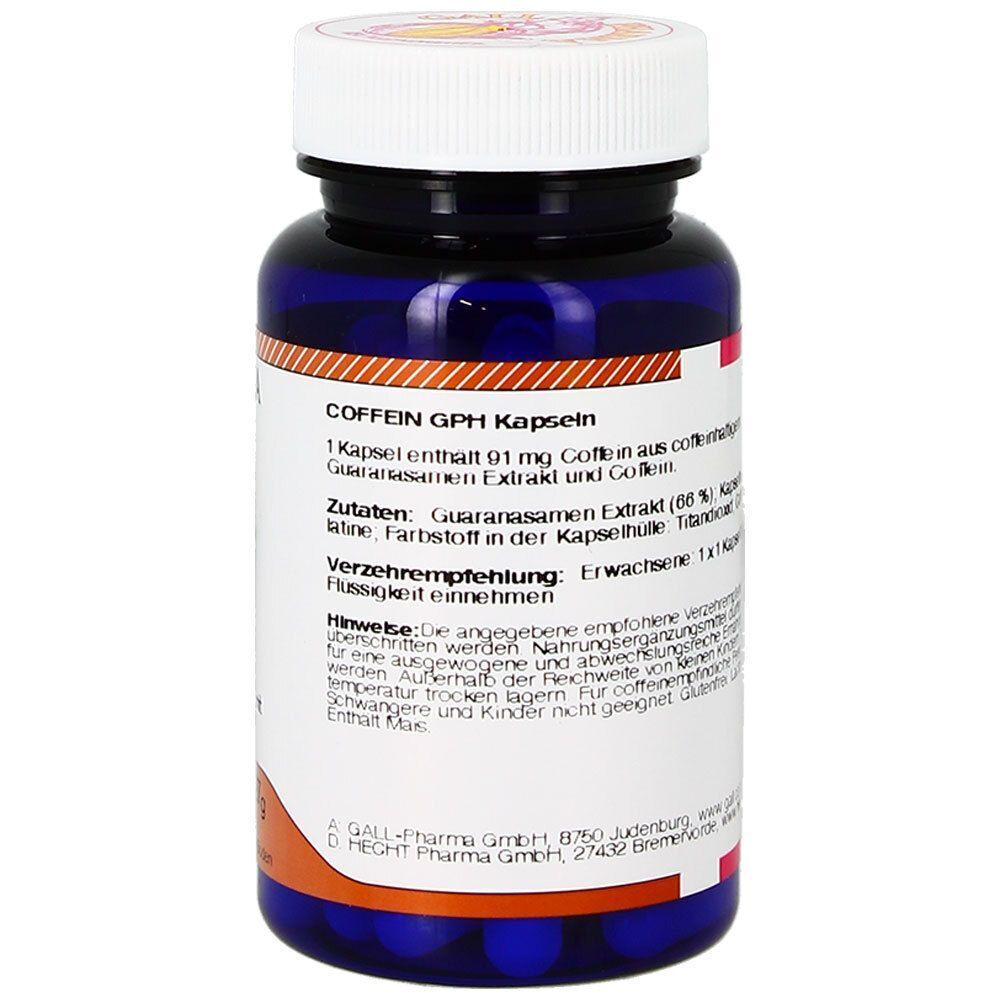 Eine Flasche GPH Koffein Kapseln von Gall Pharma, Rückseite mit Zutatenliste.