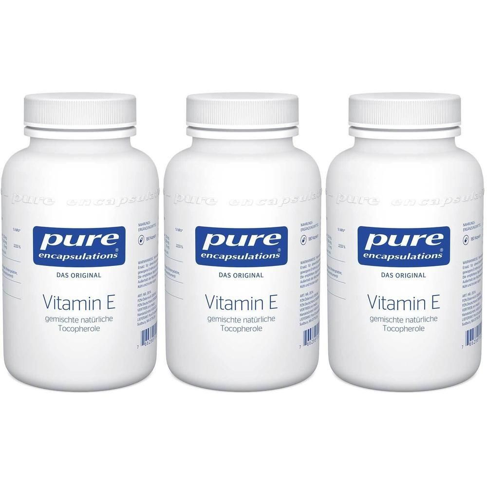 Drei weiße Flaschen mit Vitamin E Kapseln von pure encapsulations®.