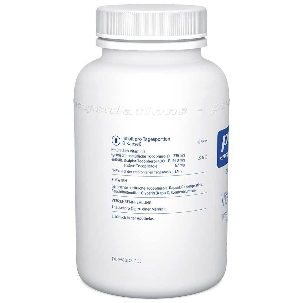 Rückseite einer Flasche Vitamin E Kapseln von pure encapsulations®, mit Nährwertangaben.