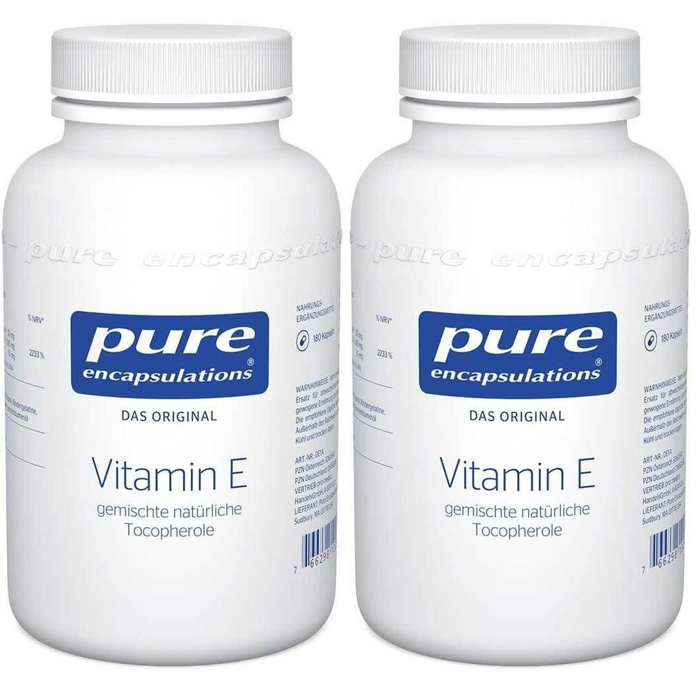 Zwei weiße Flaschen mit Pure Encapsulations Vitamin E Kapseln. Klare Beschriftung.