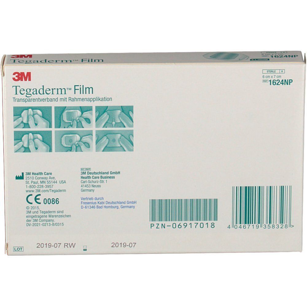 Verpackung 3M Tegaderm Film transparentes Wundverband mit Rahmenapplikator, 6 x 7 cm.