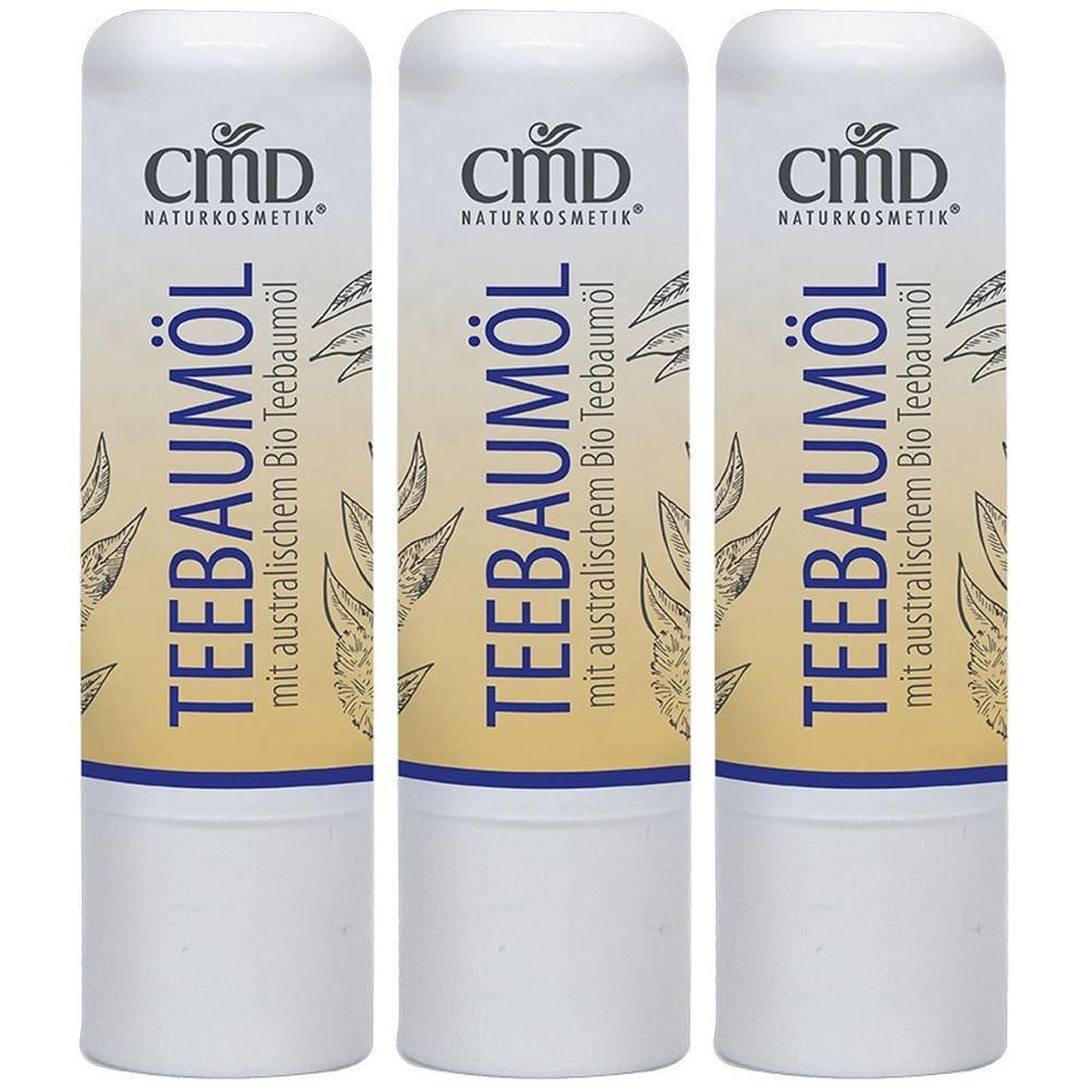 Drei CMD Teebaumöl Lippenpflegestifte mit australischem Bio Teebaumöl.