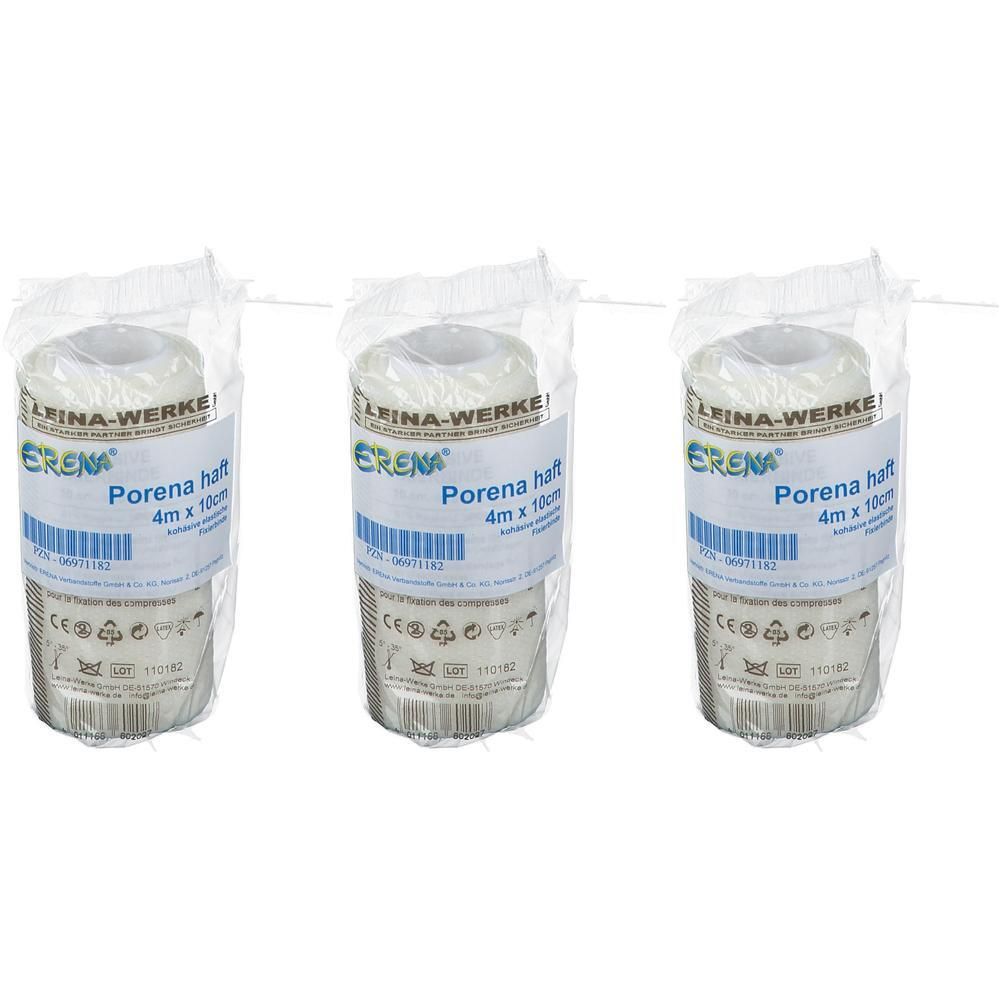 Drei Rollen Verbandmull, einzeln verpackt. Beschriftung: ERENA Porena haft 4m x 10cm.