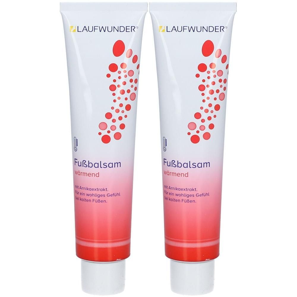 Zwei weiße Tuben LAUFWUNDER Fußbalsam wärmend mit rotem Fußabdruck-Design.