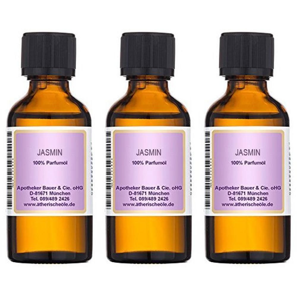 Drei Flaschen Jasmin 100% Parfumöl mit schwarzen Schraubverschlüssen und Etiketten.