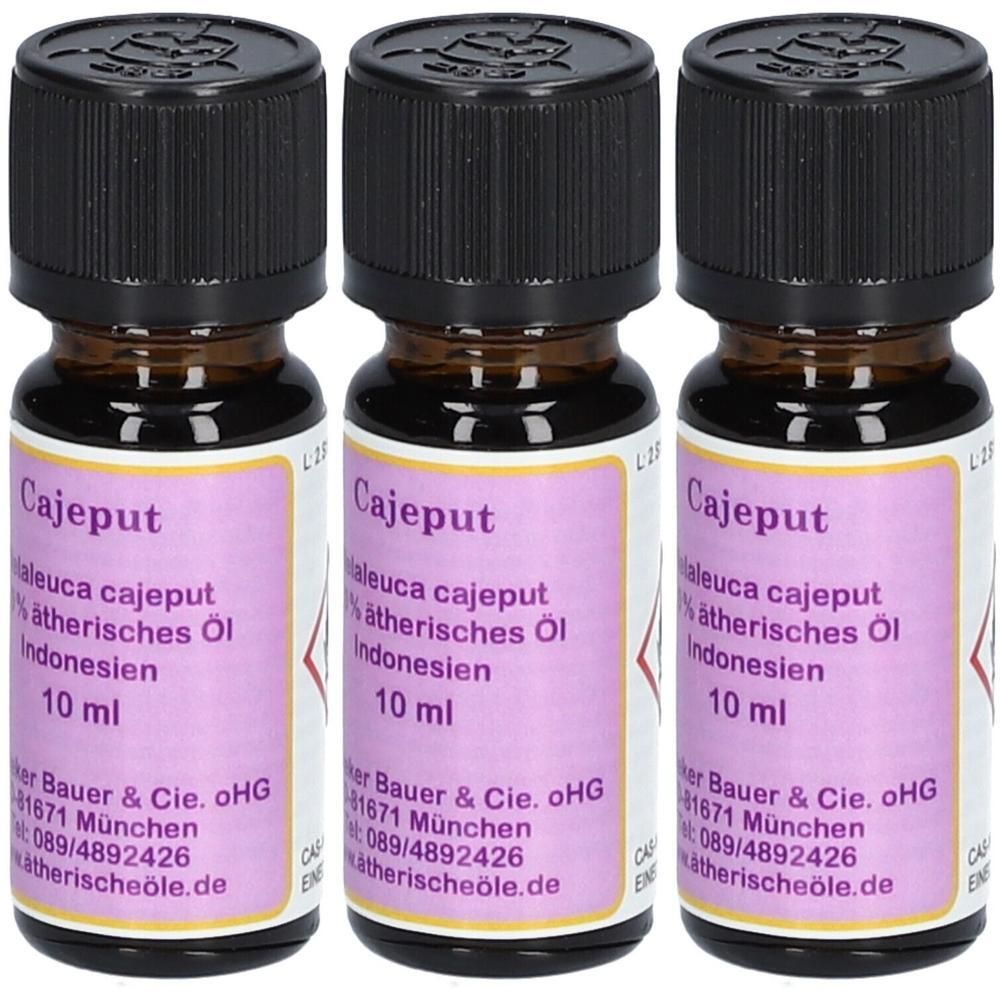 Drei Flaschen Cajeput 100% ätherisches Öl, jeweils 10 ml.