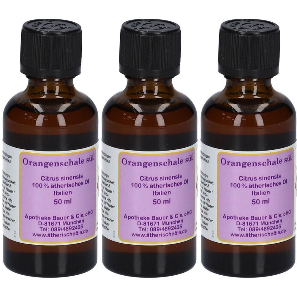 Drei Flaschen ätherisches Orangenöl, jeweils 50 ml, mit schwarzen Schraubverschlüssen.
