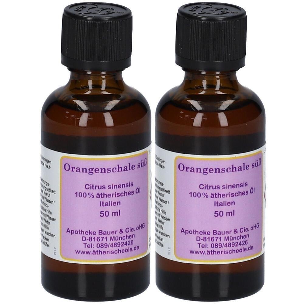 Zwei Flaschen süßes Orangenöl (Citrus sinensis), 50 ml, mit schwarzen Schraubverschlüssen.