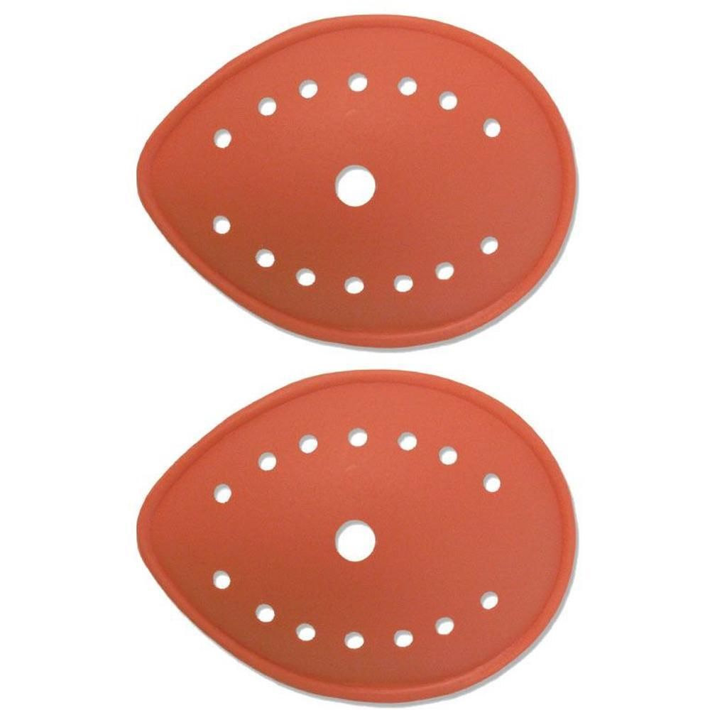 Zwei orangefarbene Augenklappen mit Perforation und zentralem Loch.