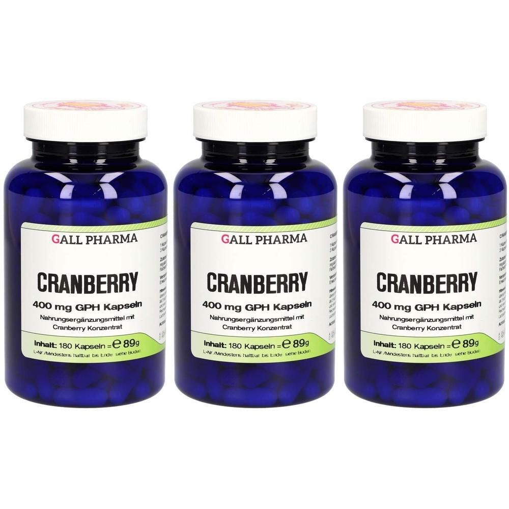 Drei blaue Flaschen CRANBERRY 400 mg GPH Kapseln mit weißen Deckeln und Etiketten.