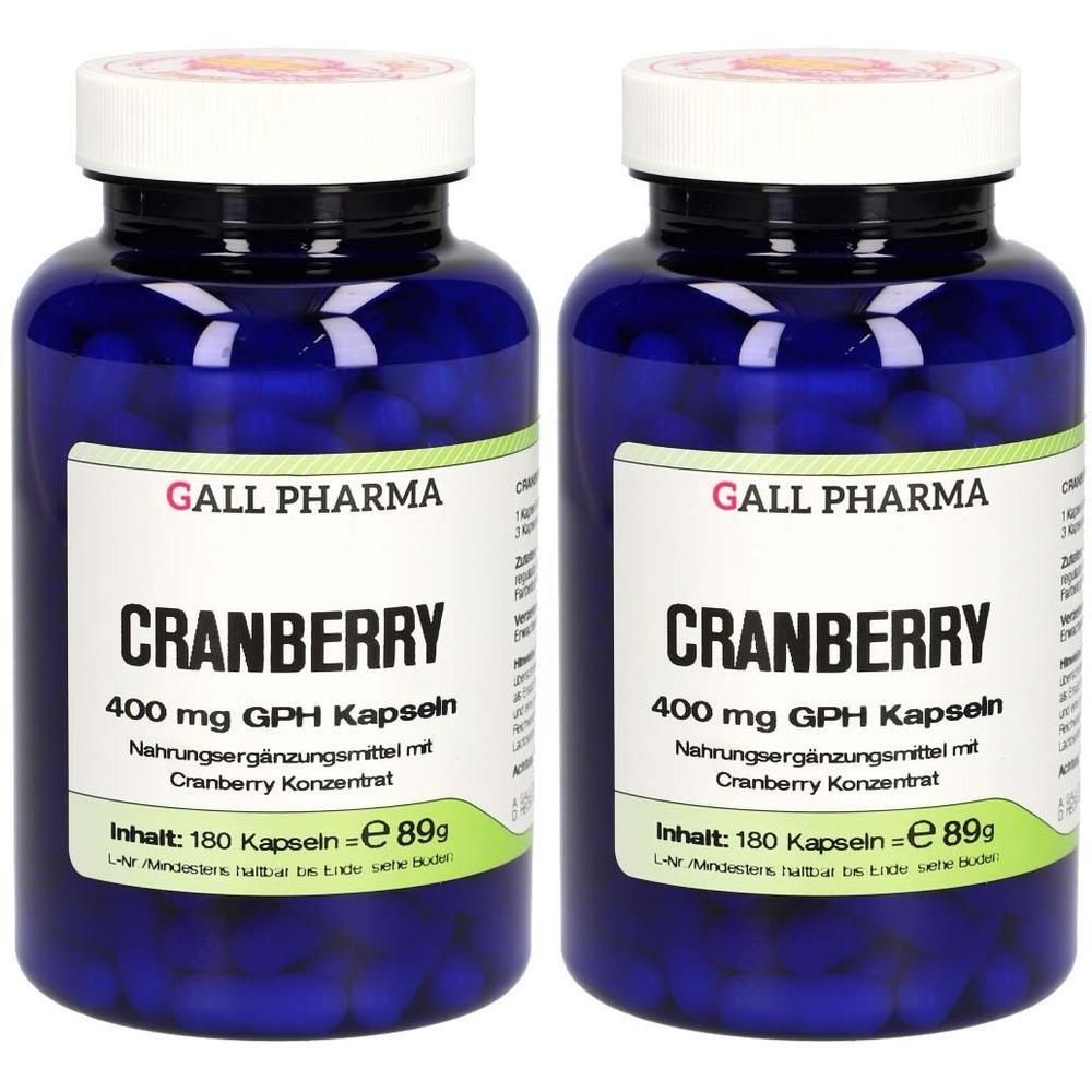 Zwei Flaschen CRANBERRY 400 mg GPH Kapseln, blau, mit weißen Deckeln. Vorderseite mit Produktinformationen.