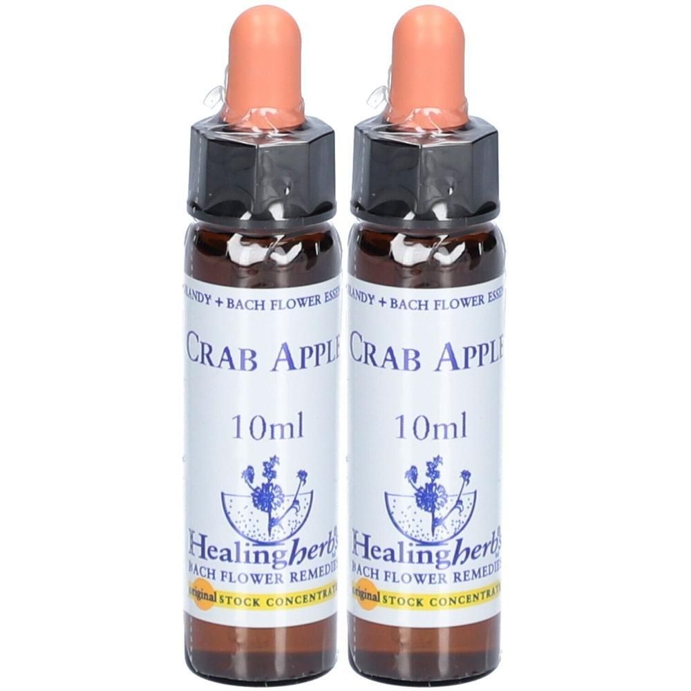 Zwei 10ml Braunglasflaschen mit Pipettenverschluss, Etikett mit 'Crab Apple' und 'Healingherbs'.
