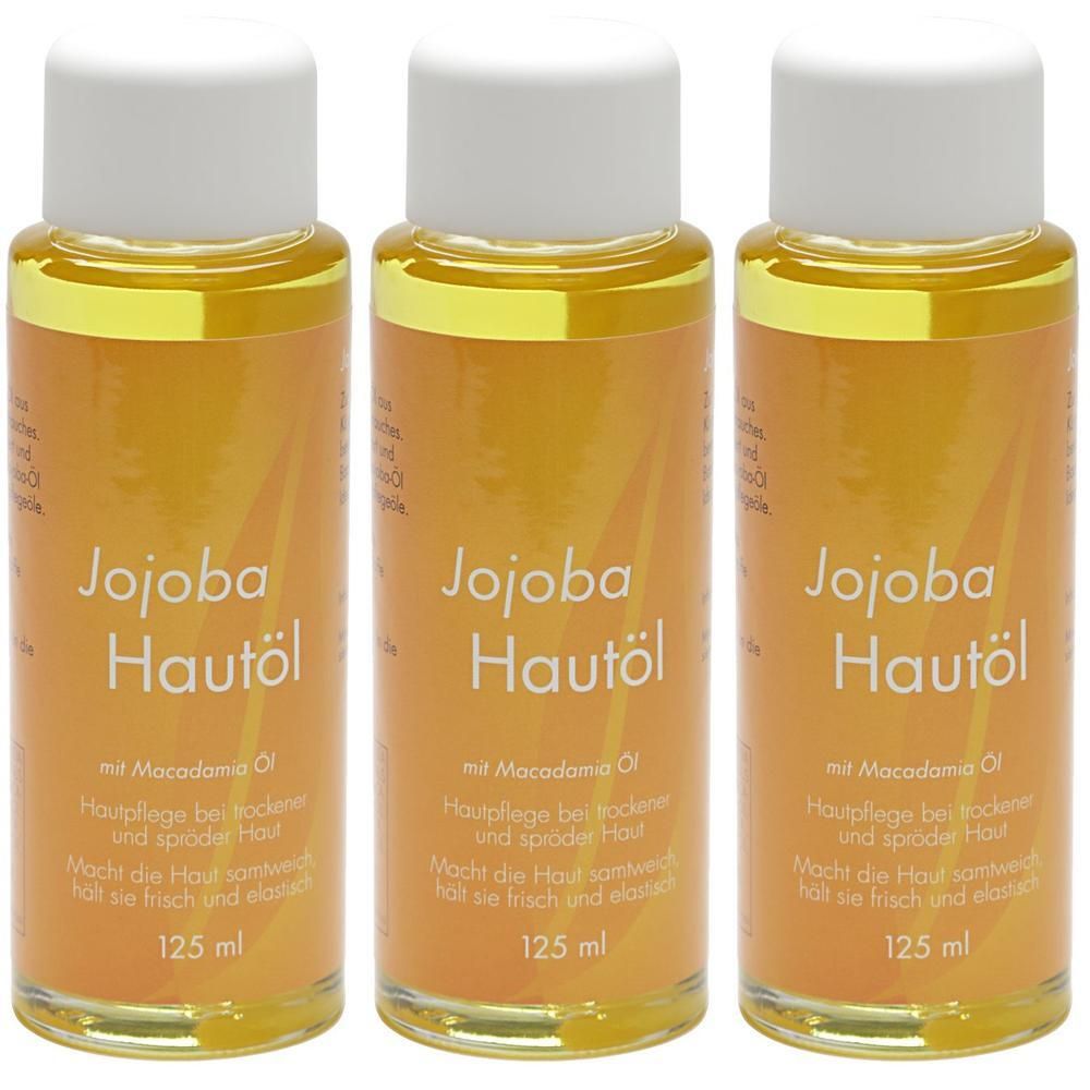 Drei Flaschen Jojoba Hautöl mit Macadamia Öl, jeweils 125 ml.