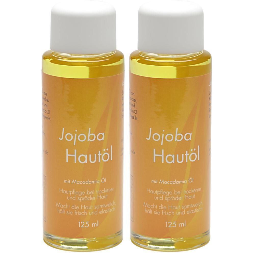 Zwei Flaschen Jojoba Hautöl mit Macadamia Öl, 125 ml.
