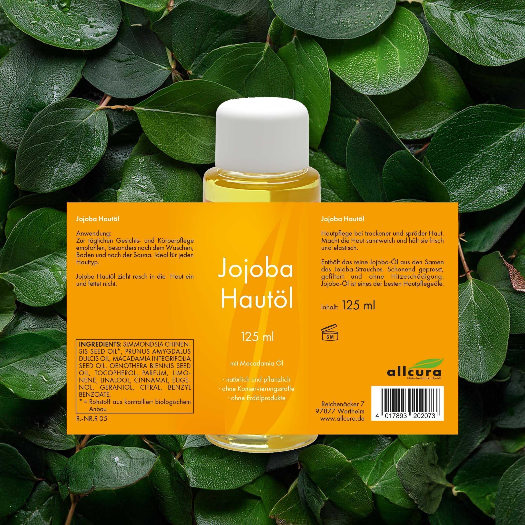 Etikett einer Flasche Jojoba Hautöl, 125 ml. Enthält Macadamia Öl. Bio-Anbau.