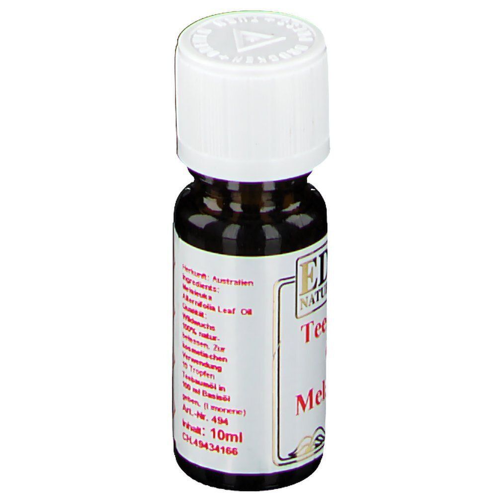 Eine Flasche Teebaumöl Melaleuka mit Etikett, das Herkunft und Inhaltsstoffe angibt.