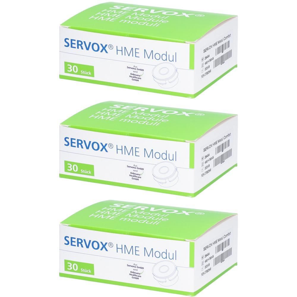 Drei Schachteln Servox HME Modul, je 30 Stück. Grüne und weiße Verpackung mit Produktinformationen.