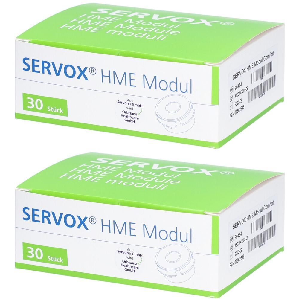 Zwei Schachteln Servox HME Modul Comfort, je 30 Stück. Weiße Schachteln mit grünen Akzenten und Produktabbildung.