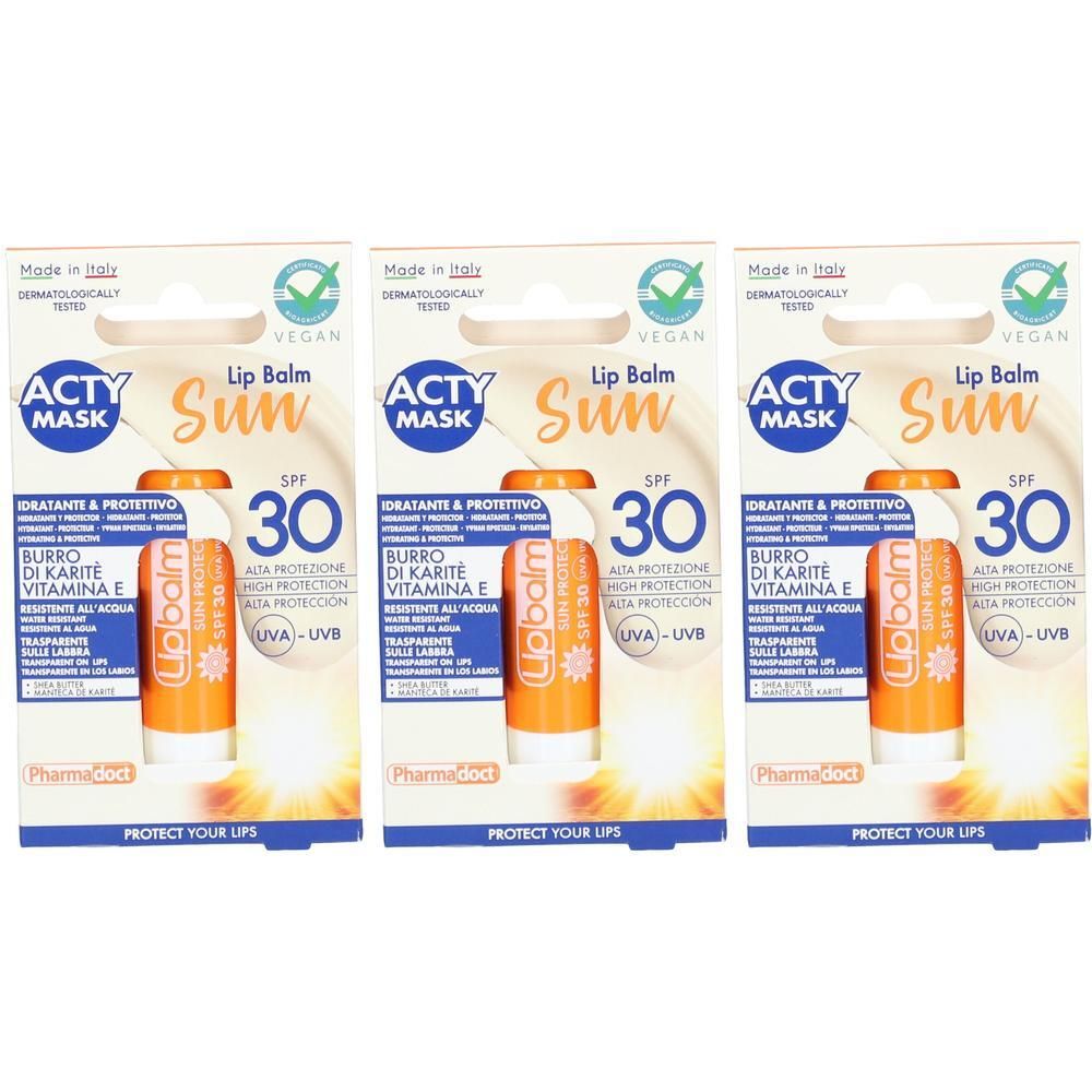 Drei Packungen Labello Sun Protect Lippenbalsam LSF 30. Orangefarbener Stift mit weißem Deckel.