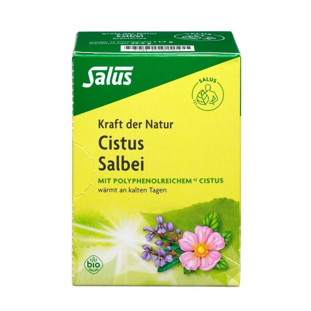 Schachtel Salus Cistus Salbei Tee mit Kräuterabbildung, Bio-Siegel und Sonnenstrahlen.