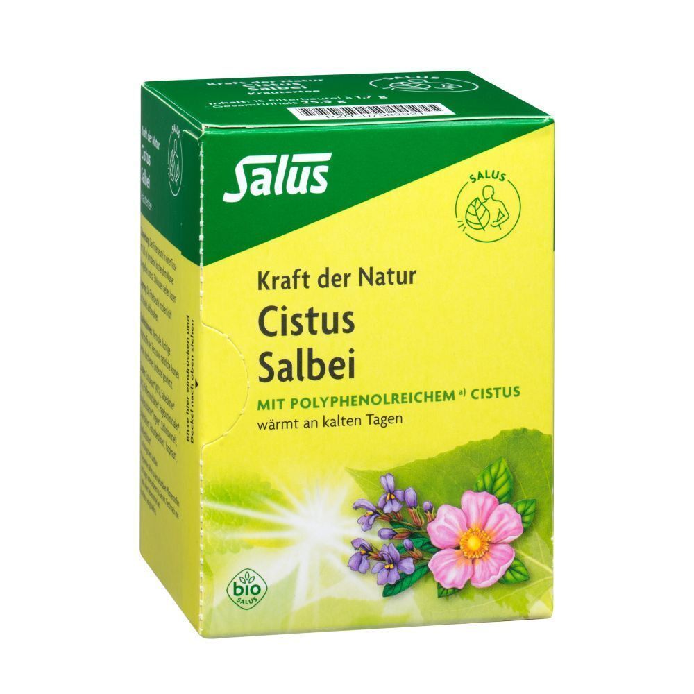 Schachtel Salus Cistus Salbei Tee, Vorderansicht mit Kräuterabbildung und Bio-Siegel.