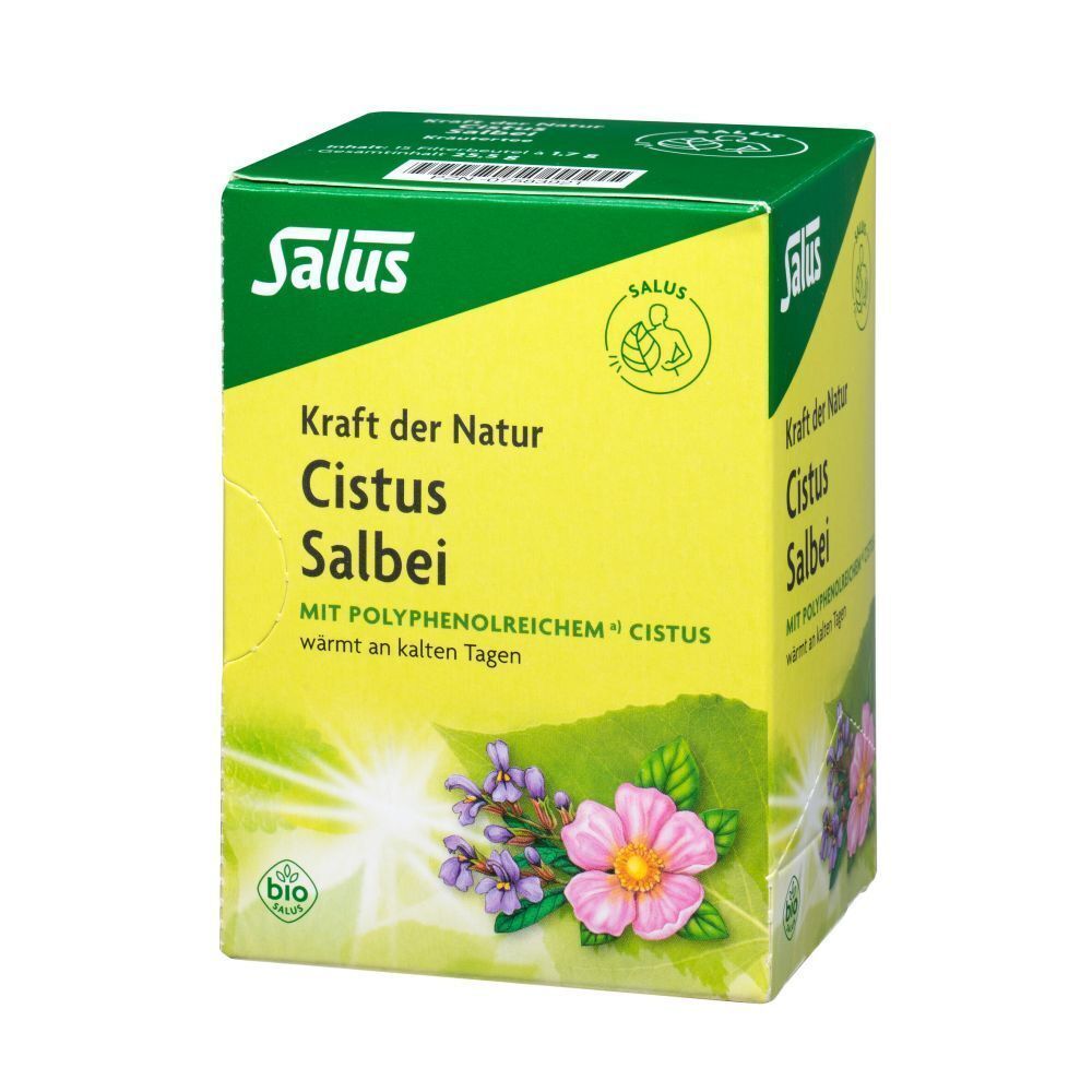Salus Kraft der Natur Cistus Salbei Verpackung mit Blütenmotiv und Bio-Siegel.