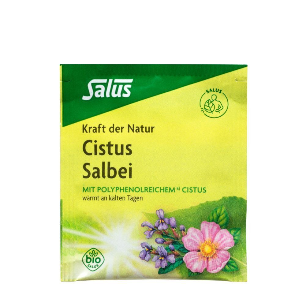 Salus Kraft der Natur Cistus Salbei Verpackung mit Blütenmotiv und Bio-Siegel.