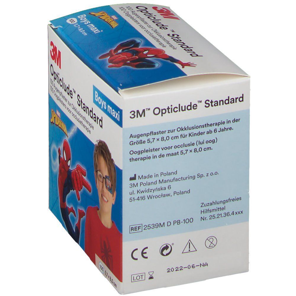 Verpackung von 3M Opticlude Standard Augenpflastern für Kinder, mit Spiderman-Design.