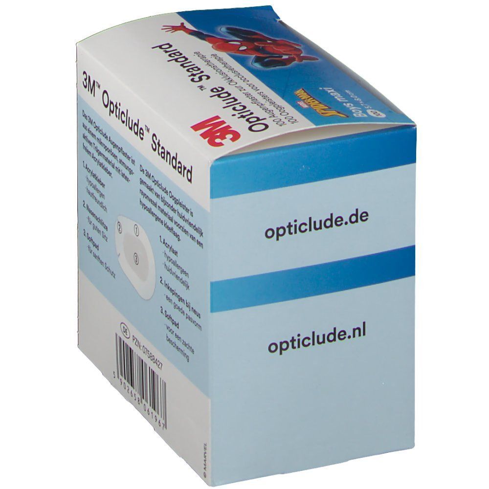 Seitenansicht der Verpackung von 3M Opticlude Augenpflastern mit Webadressen.