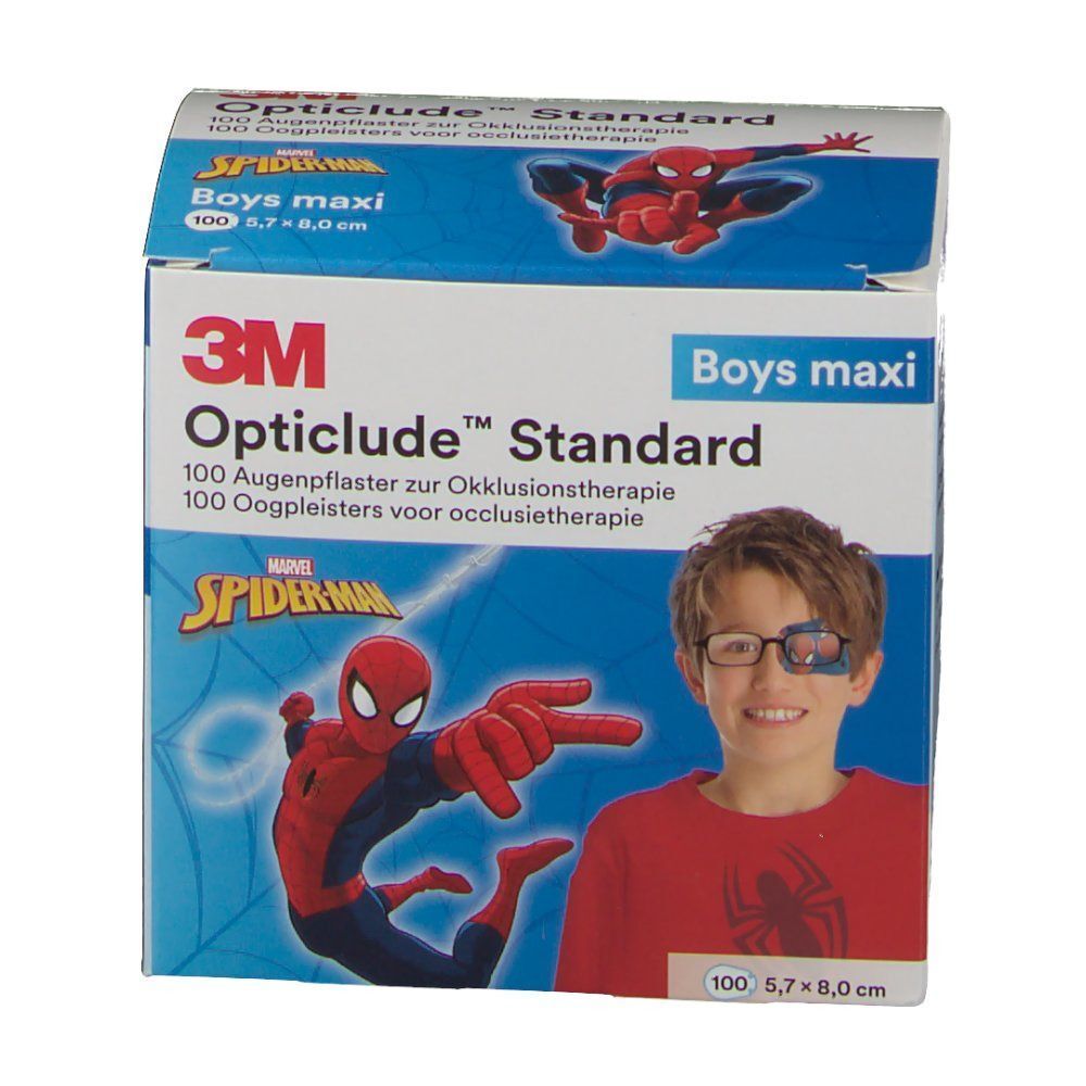 Vorderseite der Verpackung von 3M Opticlude Standard Augenpflastern mit Spiderman-Motiv und Kind.