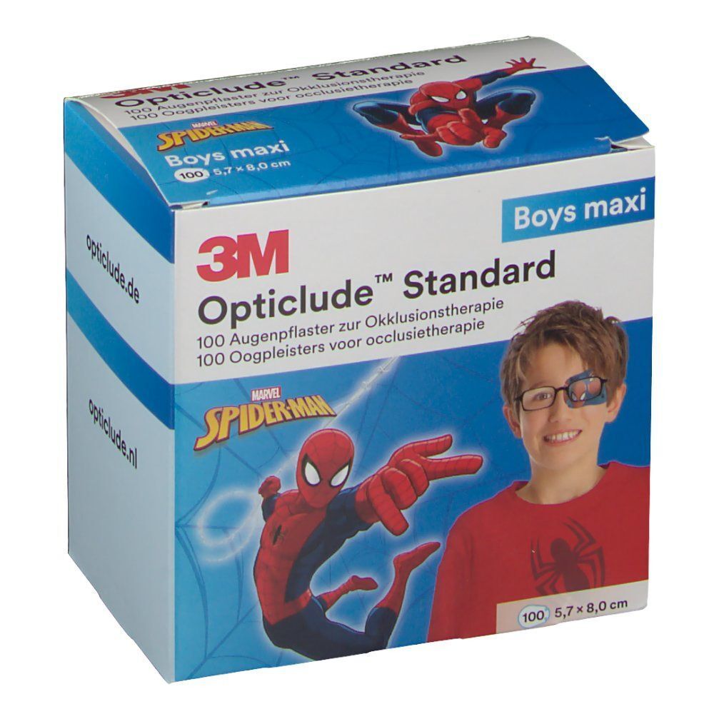 Verpackung von 3M Opticlude Standard Augenpflastern, zeigt Spiderman und ein Kind mit Augenpflaster.
