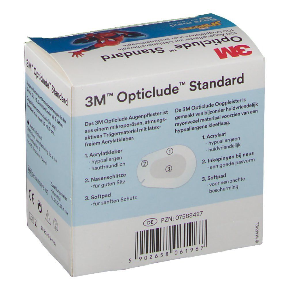 Rückseite der Verpackung von 3M Opticlude Augenpflastern, mit Details zu Material und Anwendung.