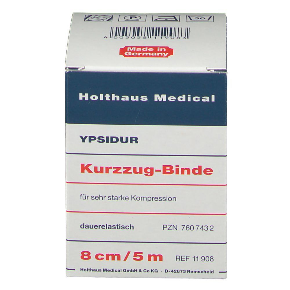 Verpackung der YPSIDUR Kurzzug-Binde 8 cm x 5 m. Für sehr starke Kompression.