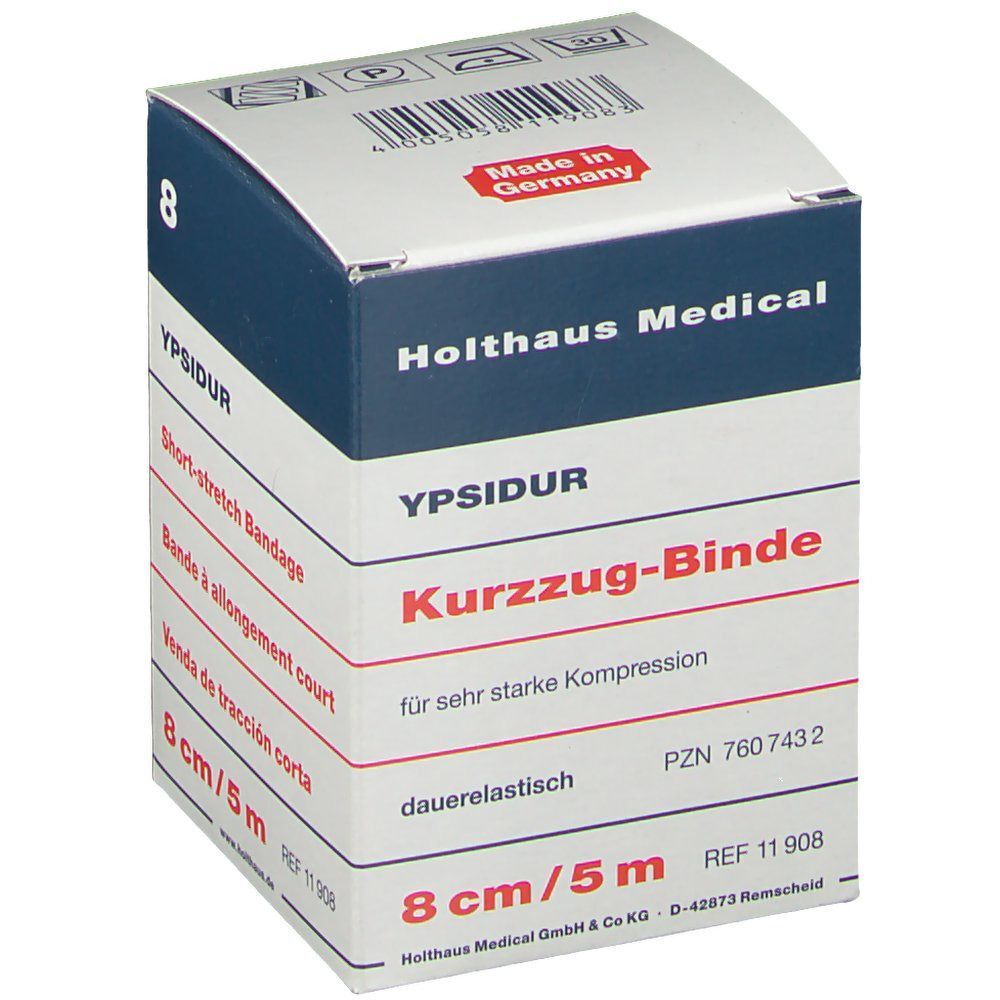 Verpackung YPSIDUR Kurzzug-Binde 8 cm x 5 m. Made in Germany. CE-Kennzeichnung.