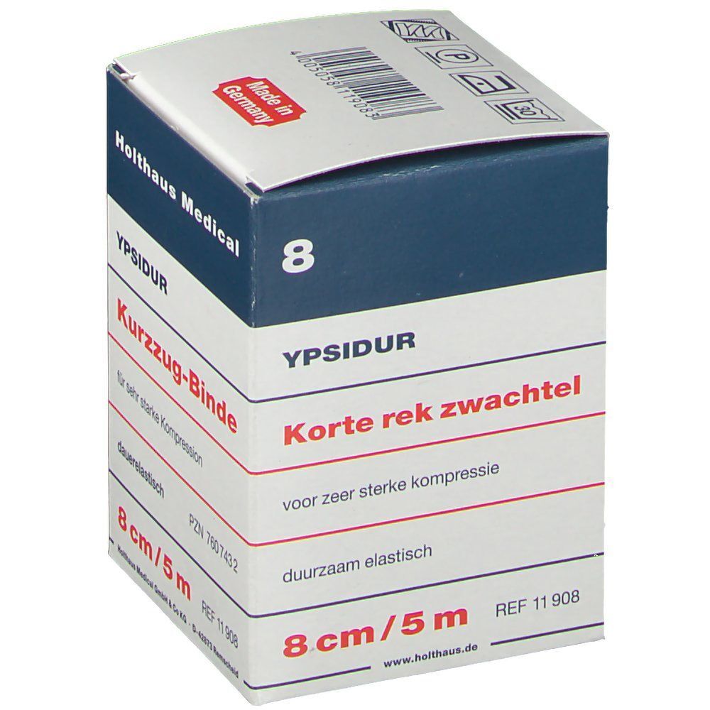Verpackung YPSIDUR Korte rek zwachtel 8 cm x 5 m. Made in Germany. CE-Kennzeichnung.