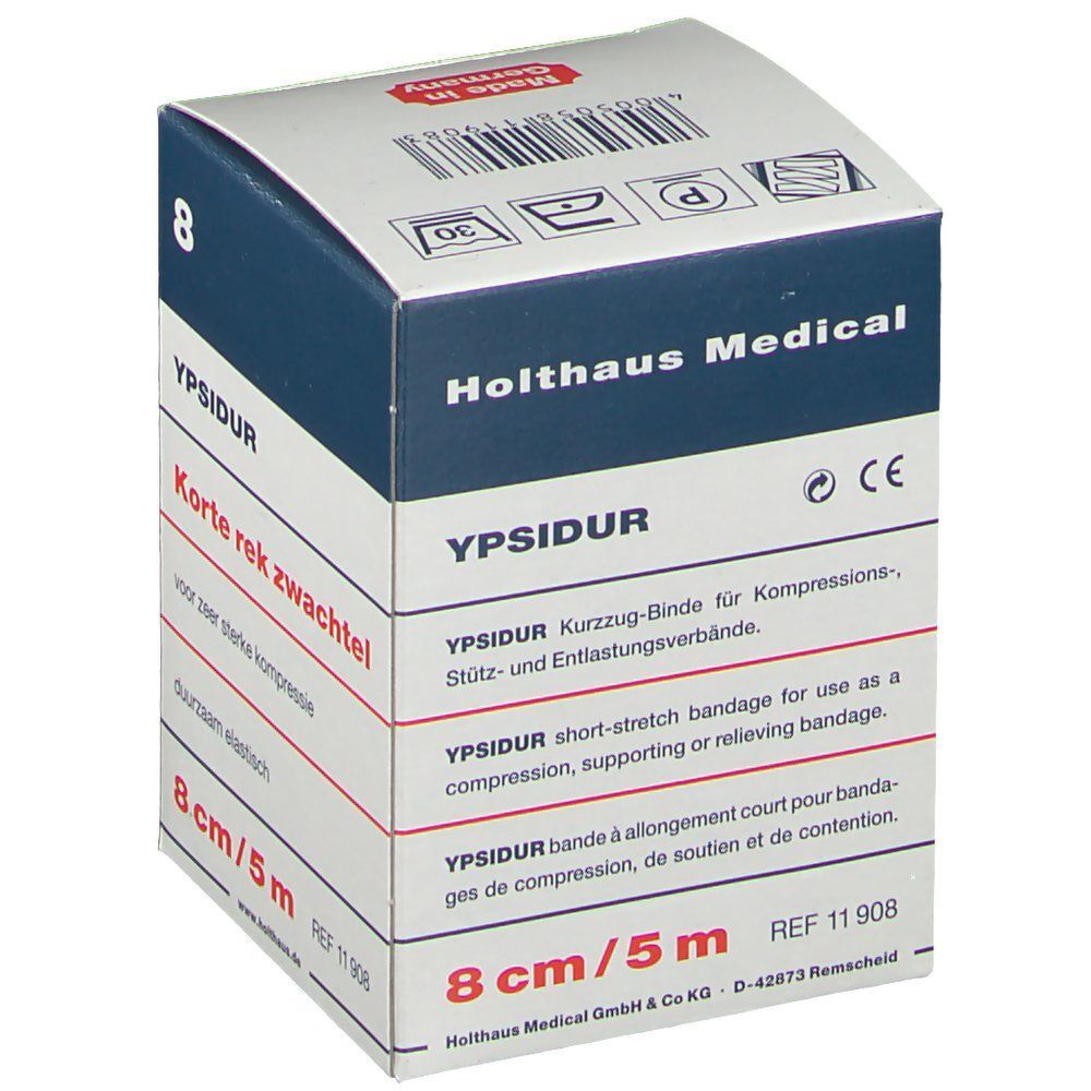 Verpackung YPSIDUR Kurzzug-Binde 8 cm x 5 m. CE-Kennzeichnung. Made in Germany.