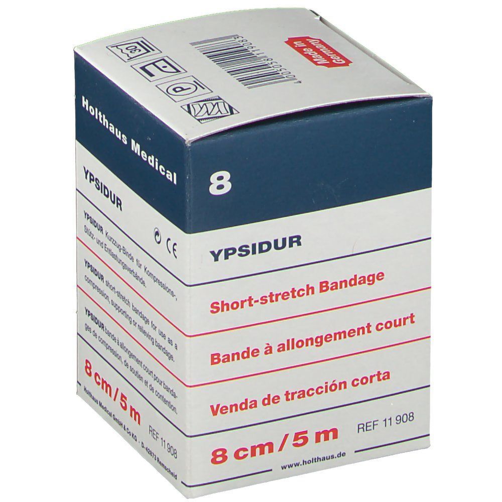 Verpackung YPSIDUR Kurzzug-Binde 8 cm x 5 m. Made in Germany. CE-Kennzeichnung.