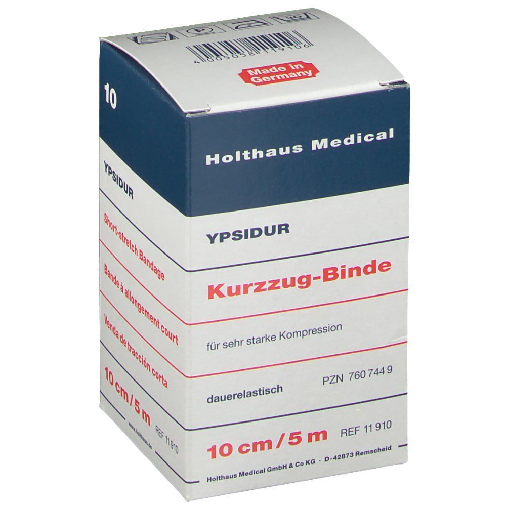 Verpackung YPSIDUR Kurzzug-Binde 10 cm x 5 m, Made in Germany, CE-Kennzeichnung.
