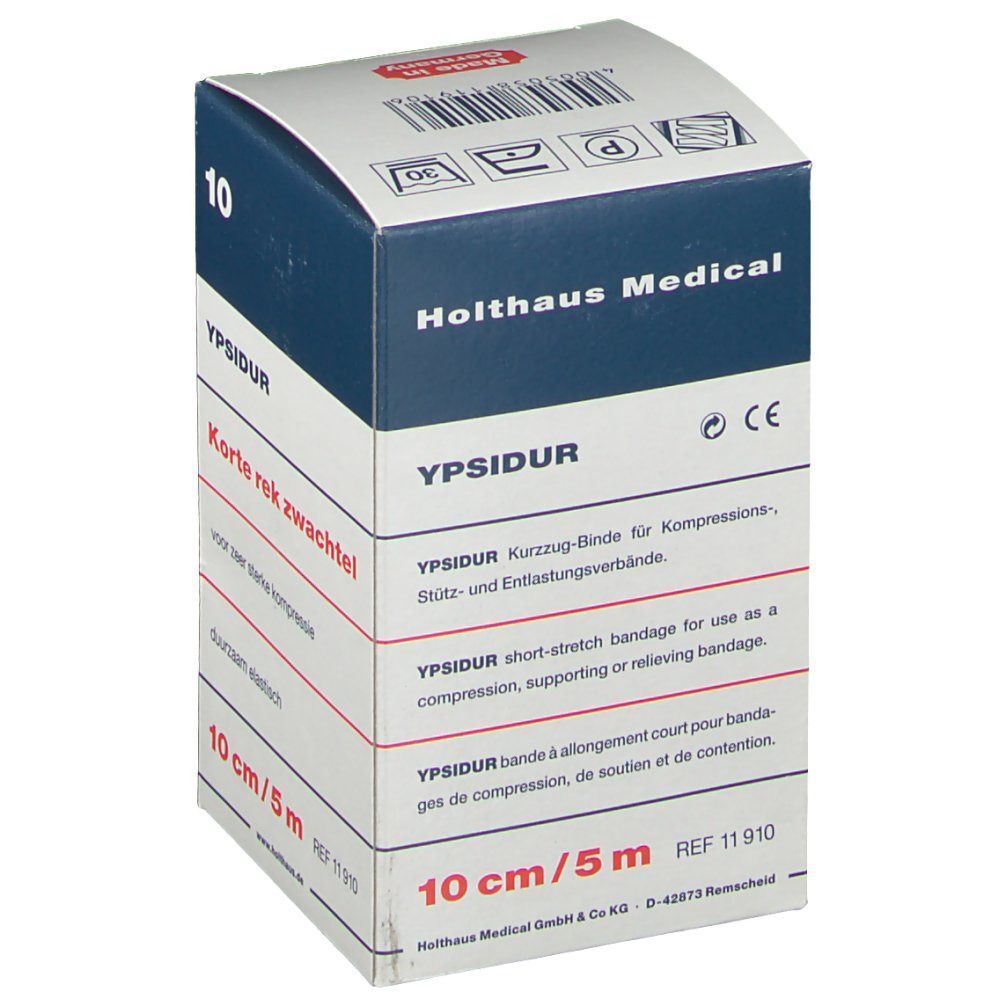 Verpackung YPSIDUR® Kurzzug-Binde 10 cm x 5 m, Vorderseite mit mehrsprachigen Produktinformationen und CE-Kennzeichnung.