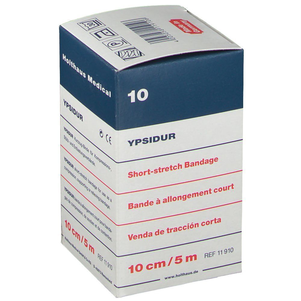 Verpackung YPSIDUR® Kurzzug-Binde 10 cm x 5 m, Vorderseite mit englischen, französischen und spanischen Produktinformationen.
