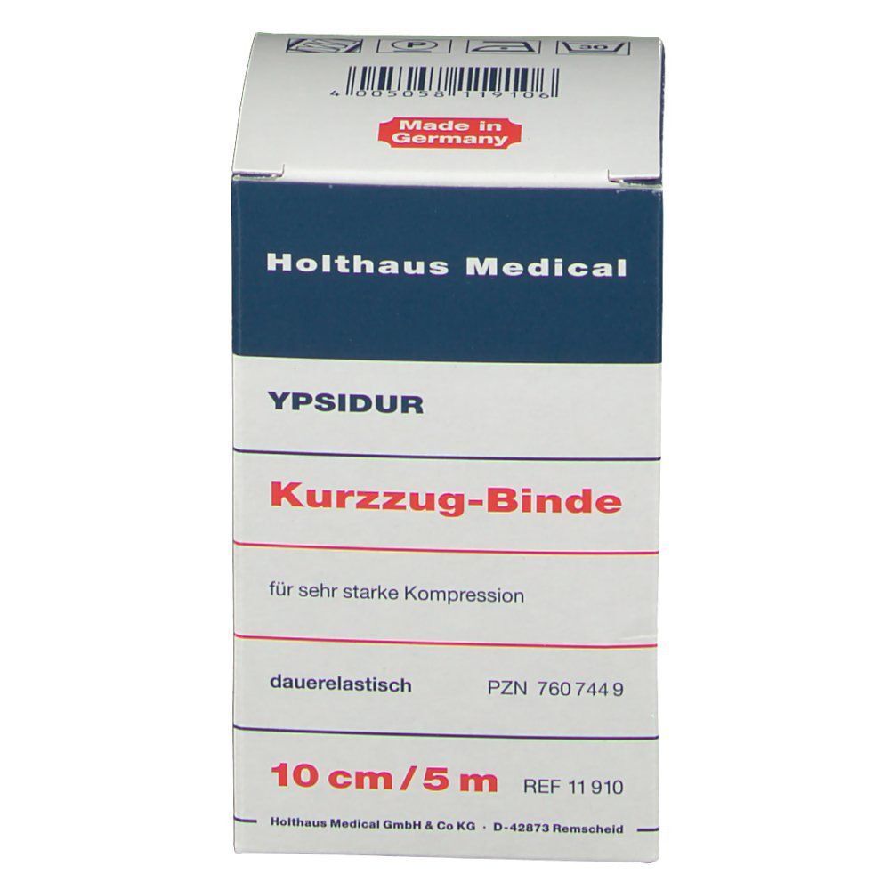 Verpackung YPSIDUR® Kurzzug-Binde 10 cm x 5 m, Vorderseite mit deutschen Produktinformationen, Made in Germany.