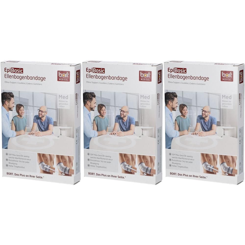 Drei Packungen BORT Epi Basic Ellenbogenbandage. Zeigt Menschen und Anwendungsbeispiele.