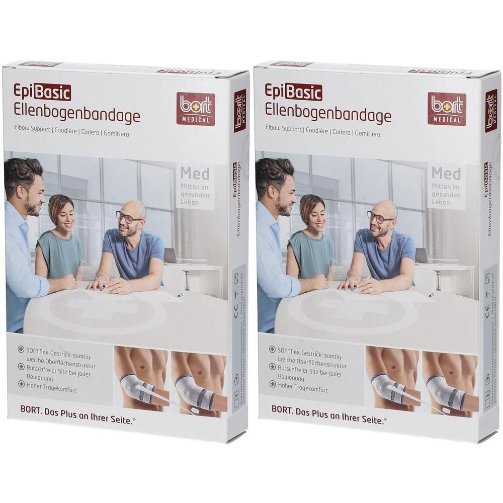 Zwei Packungen BORT Epi Basic Ellenbogenbandage. Zeigt Anwendungsbeispiele am Arm.