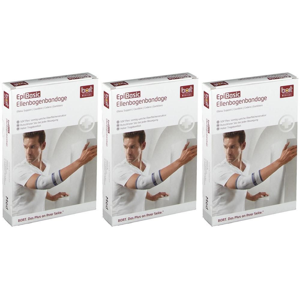 Drei Packungen BORT Epi Basic Ellenbogenbandage mit Abbildung eines Mannes, der die Bandage trägt.