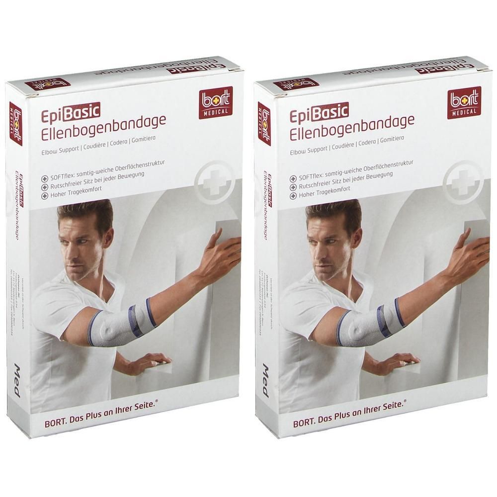 Zwei Packungen BORT Epi Basic Ellenbogenbandage mit Abbildung eines Mannes, der eine Bandage trägt.