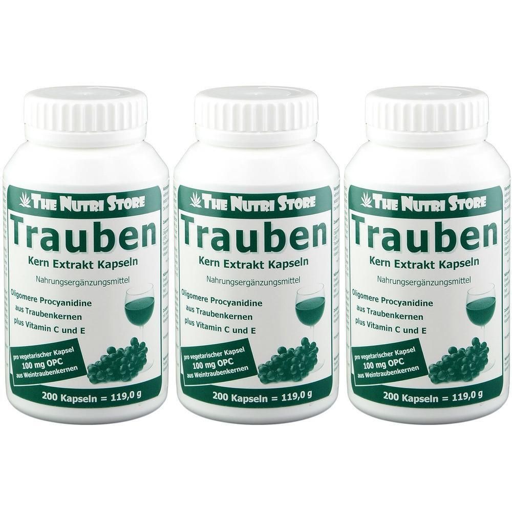 Drei Flaschen Traubenkern Extrakt Kapseln, 200 Kapseln pro Flasche.