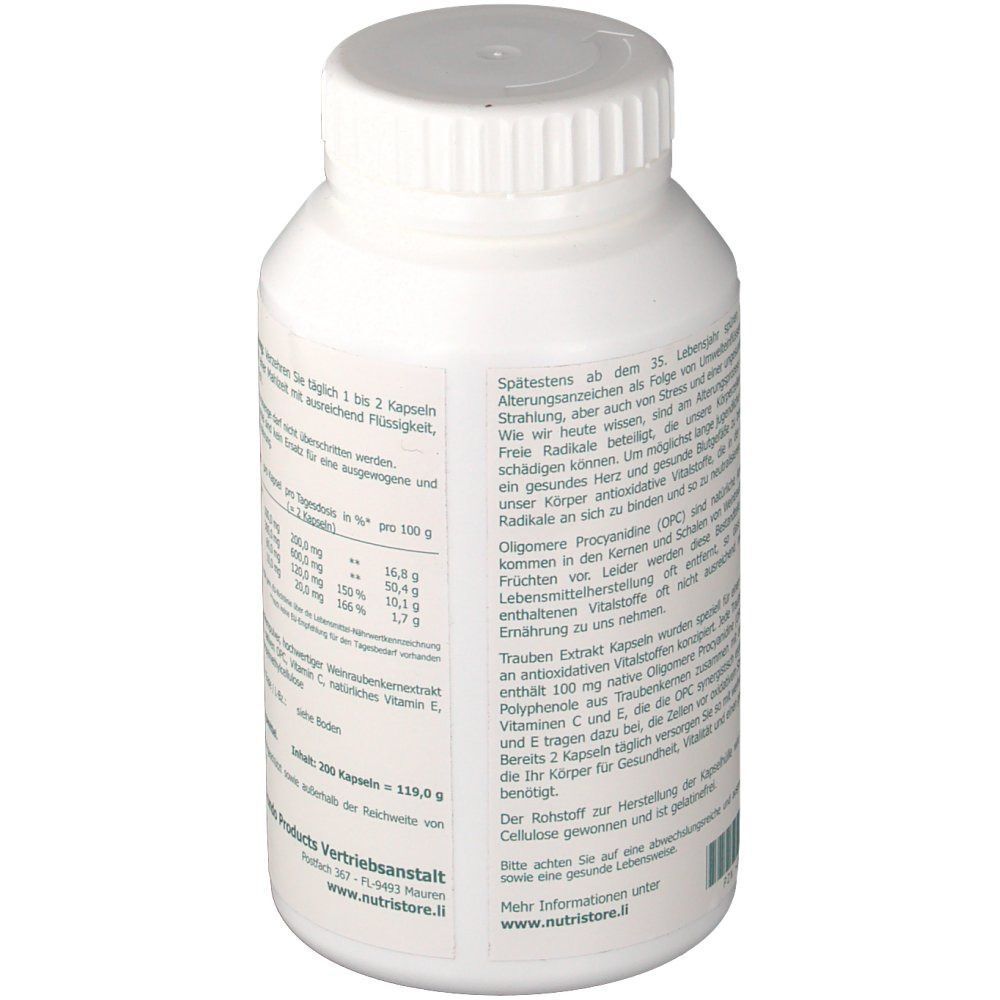 Rückseite einer Flasche Traubenkern Extrakt Kapseln mit detaillierten Produktinformationen.