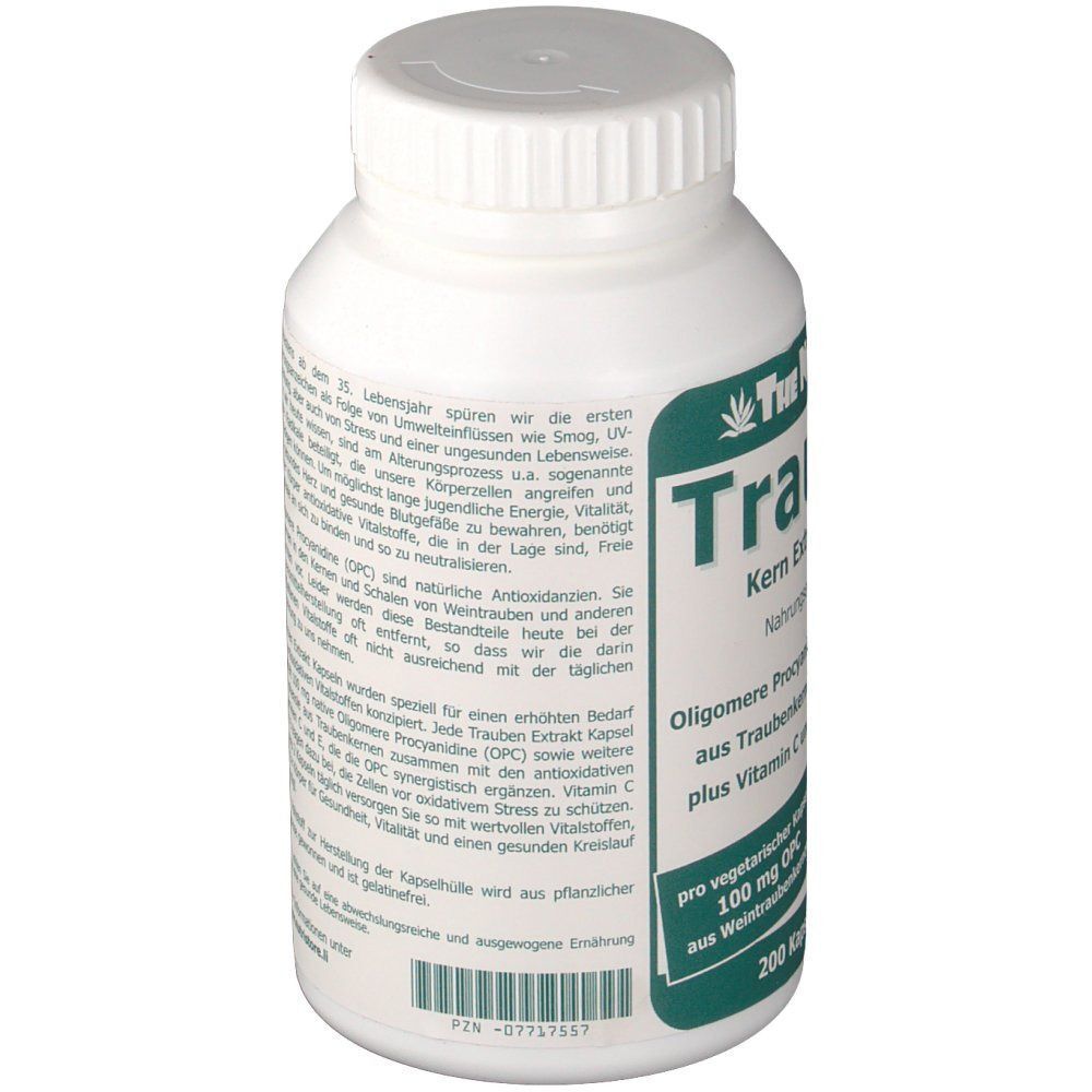 Seite einer Flasche Traubenkern Extrakt Kapseln mit Produktbeschreibung und Inhaltsstoffen.